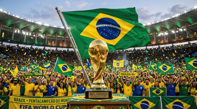 Brazilian fans celebrate with the FIFA World Cup trophy and national flags in a stadium