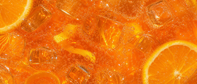 Wide panoramic background of orange spritz cocktail macro texture with clear ice cubes, citrus slices, and sparkling bubbles. Refreshing summer cold drink web banner