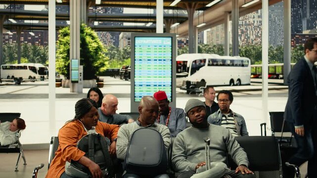 Tired passengers yawning and waiting at crowded bus terminal after delayed and postponed departures. Diverse travelers sitting on bench with backpacks near departure board, intercity coach hall.