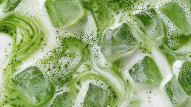 Macro texture of iced matcha green tea latte with clear ice cubes, milk swirls, and foam bubbles. Refreshing cold summer beverage concept background, top view.