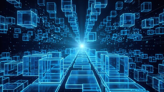 Modern blue business background featuring glowing digital cubes and technology patterns.