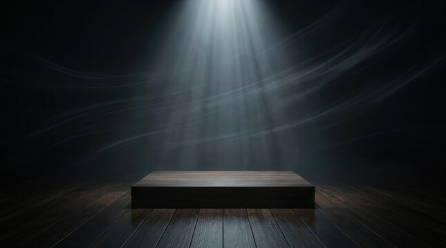 A darkroom background with a wooden podium for showcasing product marketing.