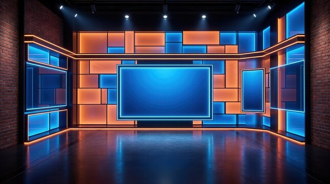 Modern 3D virtual studio backdrop for news shows featuring illuminated wall panels.