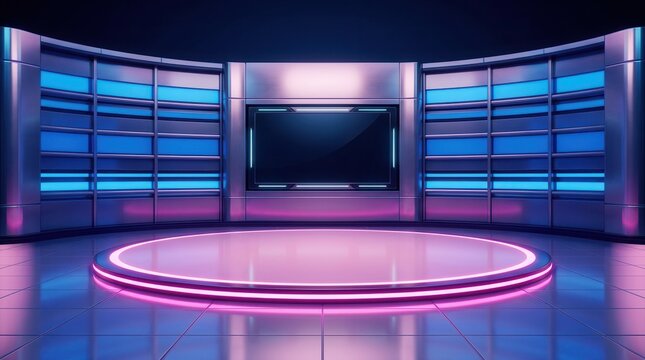 A 3D illustration of a virtual news studio background featuring a large TV on the wall.
