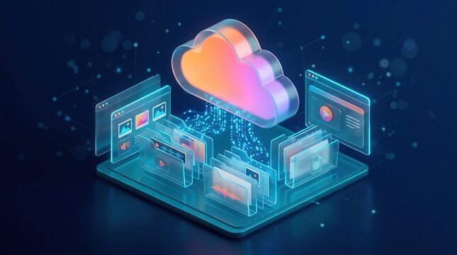 Digital file folder and video document storage in a 3D cloud computing app.