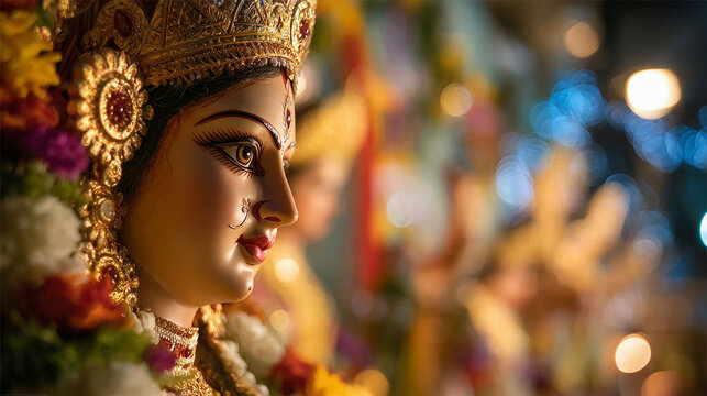 Closeup profile of goddess durga idol during durga puja festival celebration
