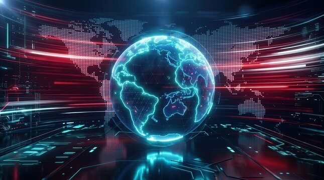 Digital breaking news studio background with a 3D world globe and global map.