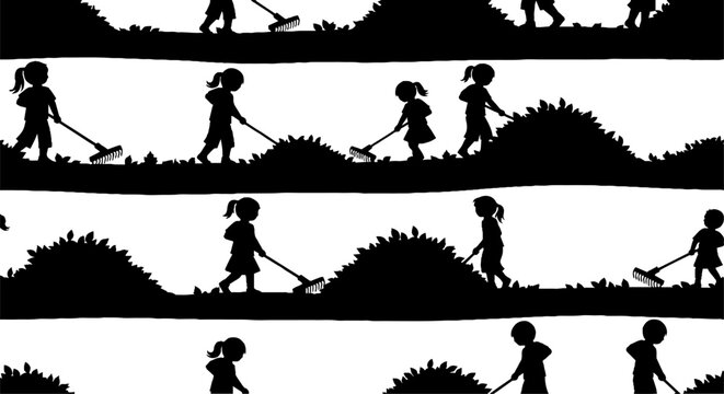 Silhouette sequence of child walking dog and gardening outdoors.