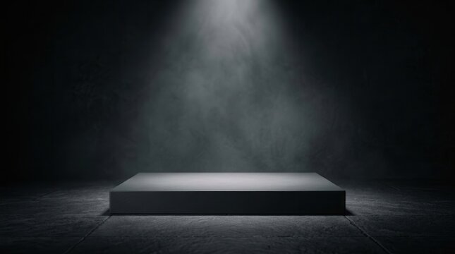 A minimalist darkroom stage with a spotlight for showcasing products.