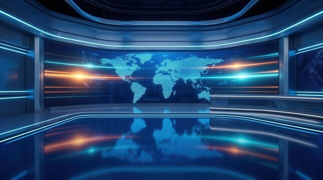 Futuristic news studio set featuring a digital world map and glowing blue screens.