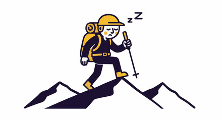 Fototapeta premium Cheerful hiker trekking mountains with ski poles and backpack.