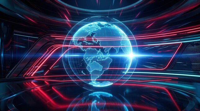 A futuristic digital world news background featuring a 3D globe and red lights