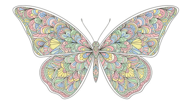 Ornate butterfly with pastel zentangle wing patterns