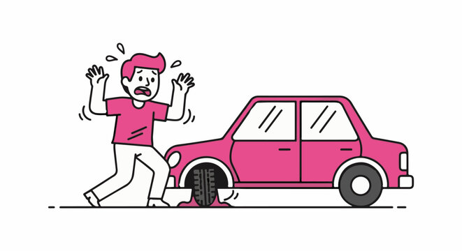 Panicked man reacts to car tire blowing out.