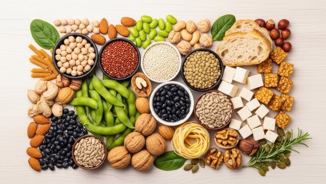 Variety of plant based protein sources for vegan diet.