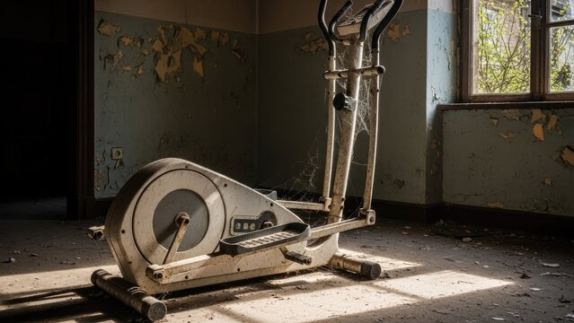 Abandoned elliptical trainer in a dusty derelict room.