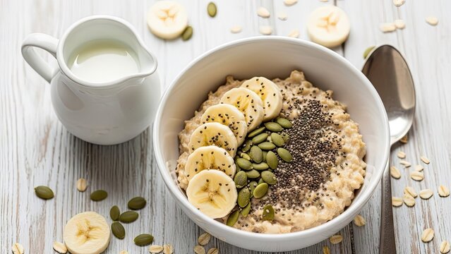Bowl of oatmeal porridge with banana and pumpkin seeds.