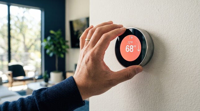 Hand adjusting smart thermostat on wall. Modern home temperature control and hvac automation. Energy efficient climate management concept
