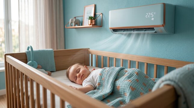 Baby sleeping in a wooden crib with wall mounted air conditioning. Nursery climate control with digital AC unit. Comfortable environment for infant sleep