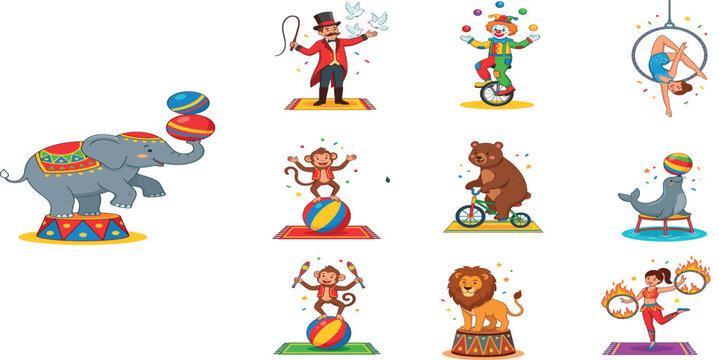 Colorful Circus Performance Icon Set with Elephant, Clown, Animals and Acrobat Characters for Entertainment and Event Designs
