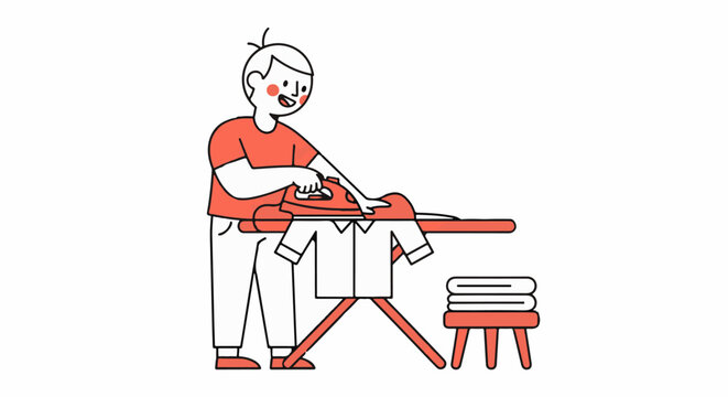 Elderly man carefully ironing red pants at home.