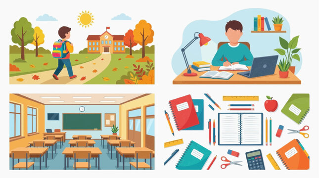 A collage of four images depicting school life and education. The first shows a boy walking to school with a backpack. The second shows a student studying at a desk with a lamp and laptop.