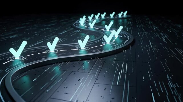 Digital Checkpoint Pathway: A winding, illuminated digital pathway dotted with glowing checkmark icons represents a journey of completion and progress through a futuristic, data-driven landscape.