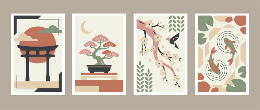 Set of Four Minimalist Asian-Inspired Illustrations with Nature Motifs and Abstract Shapes