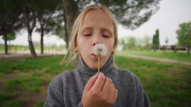 Blonde girl in grey turtleneck blowing through an empty dandelion stem toward the camera in a green spring park on a cloudy day in slow motion