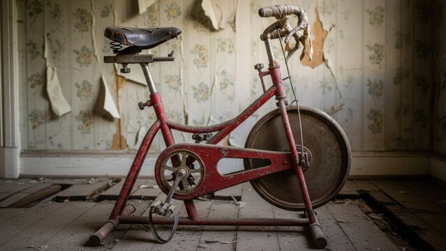 Antique stationary exercise bike in abandoned rustic room.