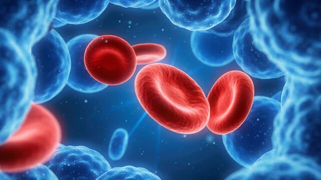 Red Blood Cells Microscopic View: A detailed microscopic view of vibrant red blood cells flowing through a blue, fluid environment.