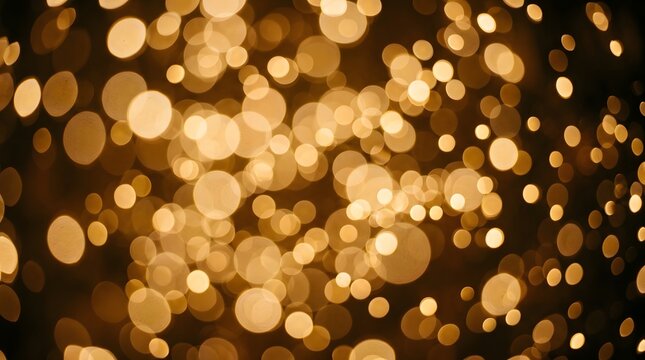 Golden lights create a warm ambiance in a dark environment with many glowing circles