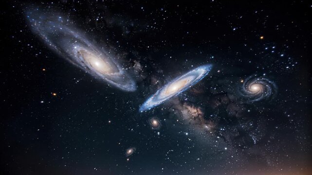 Cosmic Dance of Galaxies: A stunning celestial scene unfolds as multiple galaxies, swirling with stardust and cosmic gas, drift through the vast expanse of the universe.