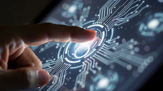 Digital Interface Interaction: A close-up of a finger touching a glowing digital interface, showcasing the intricate circuitry and futuristic technology.