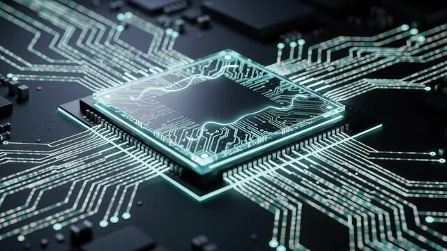 Microchip Circuitry: A glowing central processing unit (CPU) sits at the heart of a complex circuit board, with intricate pathways and connections illuminated.