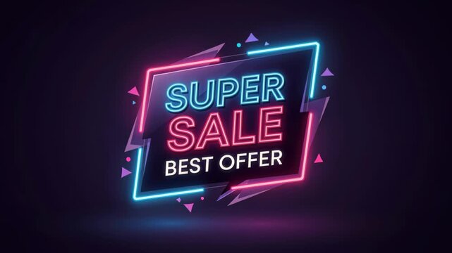 Neon Super Sale Sign: Vibrant neon lights illuminate a Super Sale Best Offer sign, creating a dynamic and exciting visual for retail promotions and advertising.