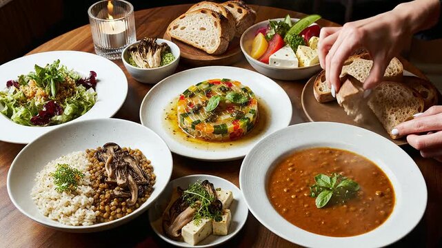 Healthy Gourmet Meal Spread Featuring Fresh Salads, Soups, Bread, and Colorful Vegetables on Rustic Wooden Table