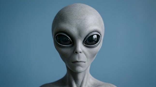 Close-up portrait of a realistic grey alien with large dark eyes against a blue background