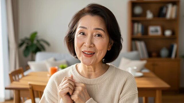 Joyful Senior Woman in Cozy Living Room: A warm and inviting portrait of an elderly Asian woman with a friendly smile, her hands clasped gently, exuding happiness and contentment in a home setting.