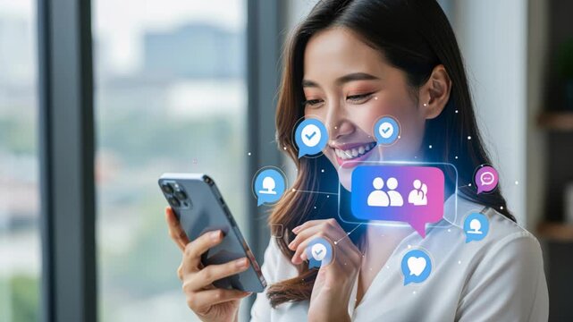 Social Media Engagement: A young Asian woman smiles while browsing her smartphone, with social media icons and engagement metrics floating around her, showcasing the digital connection