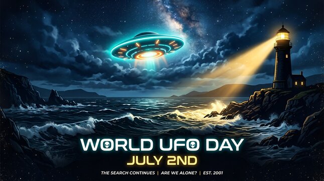 UFO Over Lighthouse, World UFO Day, Alien Spacecraft, Night Sky, Ocean Coast