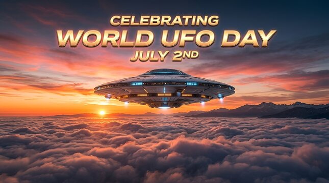 UFO Flying Over Clouds at Sunset - Celebrating World UFO Day July 2nd