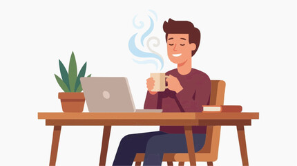 Fototapeta premium Man drinking coffee at a simple work desk, relaxed expression, light, lively steam, pure white background.