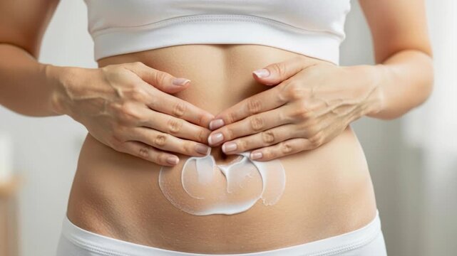 Skin Care Routine: A woman gently applies cream to her abdomen, a mindful moment dedicated to skin health and self-care. Emphasizing nourishment and rejuvenation.
