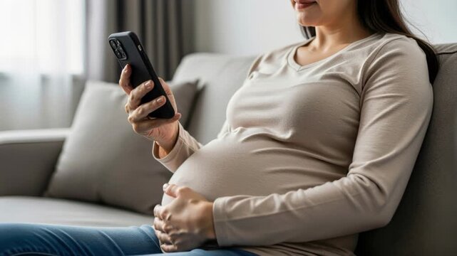 Expecting Mother with Smartphone: A pregnant woman, cradling her baby bump, sits comfortably on a sofa while browsing her smartphone, anticipating motherhood.