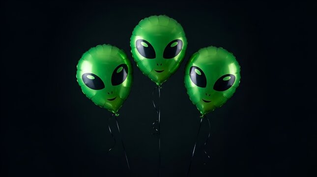 Three green alien head balloons floating against a dark background, UFO concept