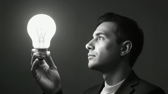 発光する電球を見つめる創造性とひらめきのモノクロポートレート