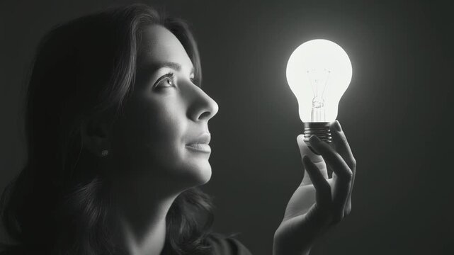発光する電球を見つめる創造性とひらめきのモノクロポートレート