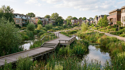 Fototapeta premium Seamless Integration Of A Wooden Boardwalk Crossing Beautiful Urban Wetland Park Inside Residential Neighborhoods Development