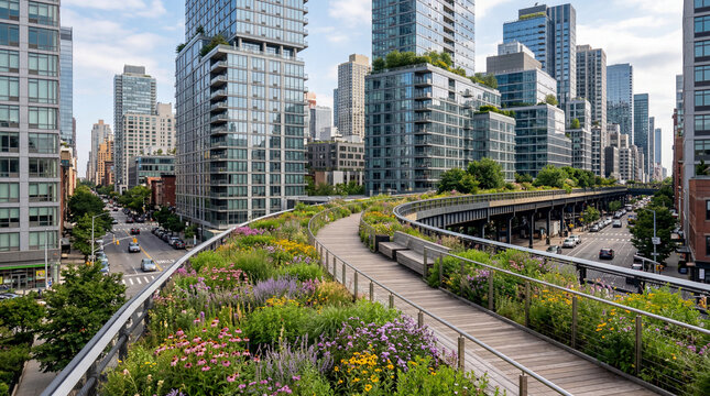 Raised pedestrian nature path mirroring urban sky park design bounded by blooming wild plants scenery
